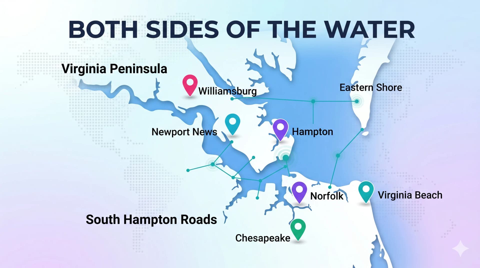 Map of 757 cities across both sides of the water, including Virginia Beach, Norfolk, Chesapeake, Newport News, Hampton, and Williamsburg