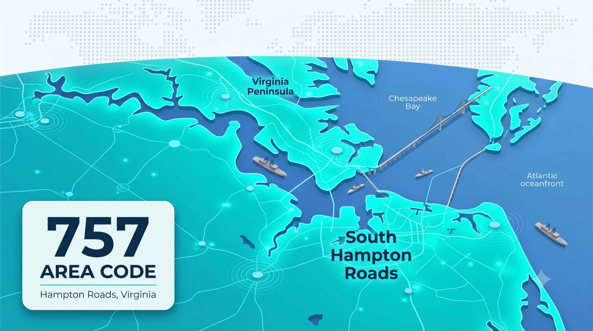 757 area code map of Hampton Roads, Virginia, showing the Virginia Peninsula and South Hampton Roads
