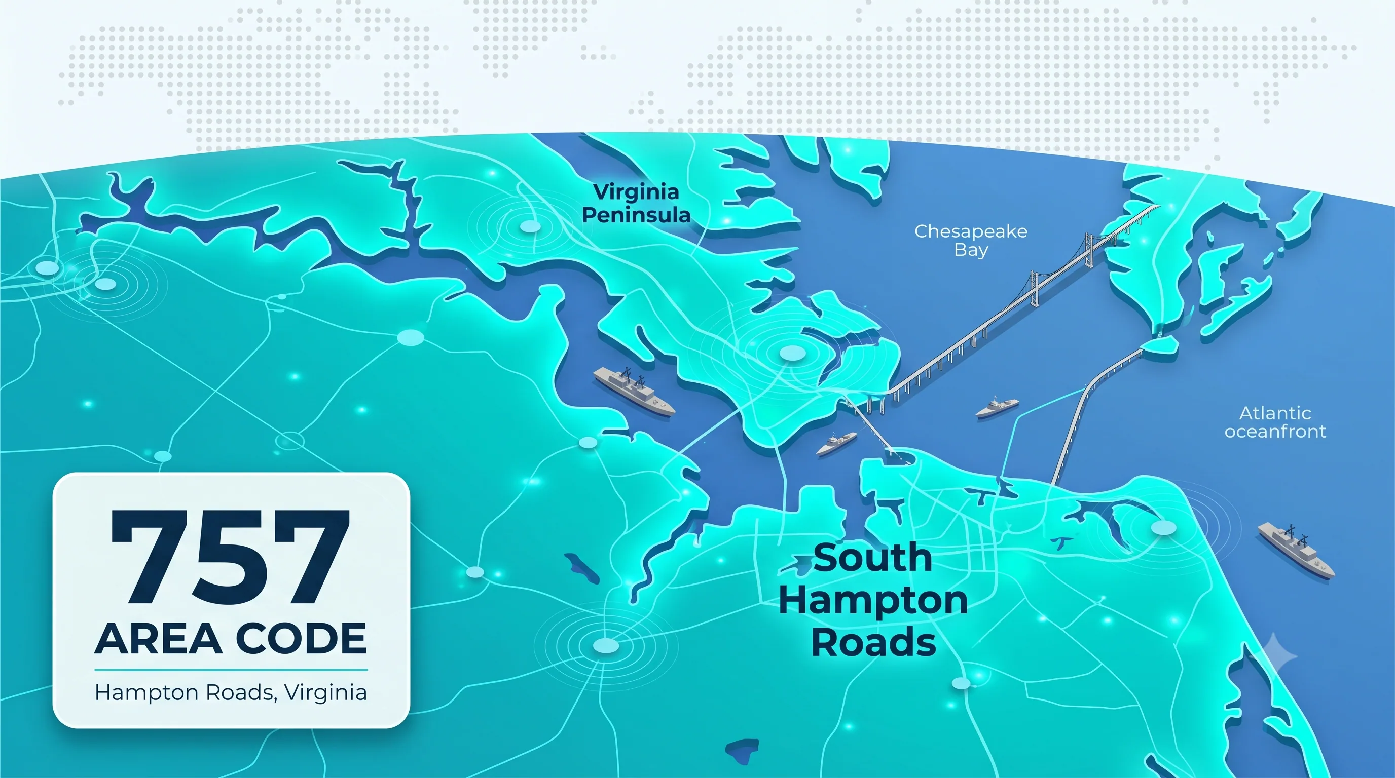 757 area code map of Hampton Roads, Virginia, showing the Virginia Peninsula and South Hampton Roads