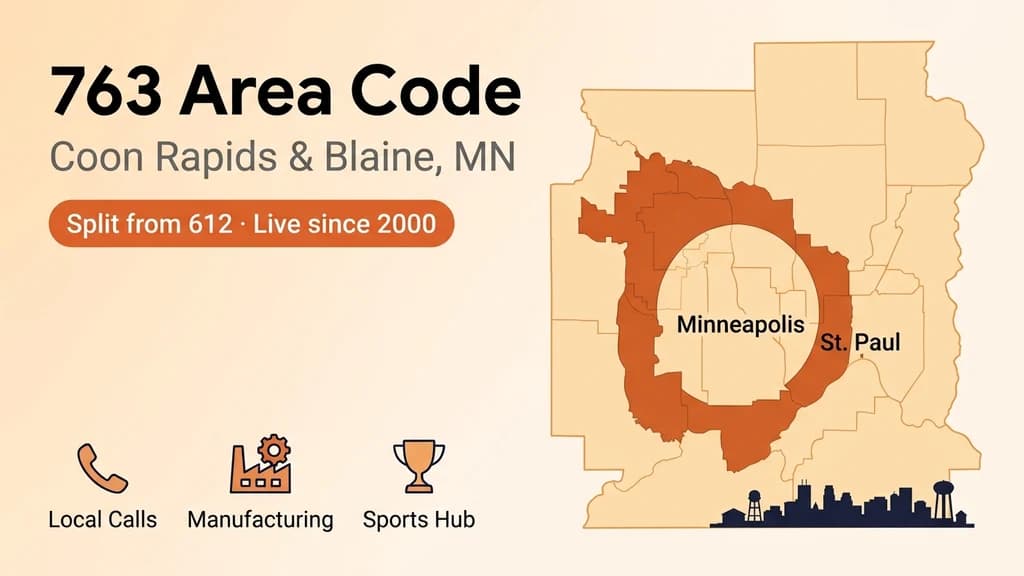 Map of the Minneapolis-St. Paul metro with the northwestern suburban ring highlighted, a bold 763 area code heading, and pins over Coon Rapids and Blaine