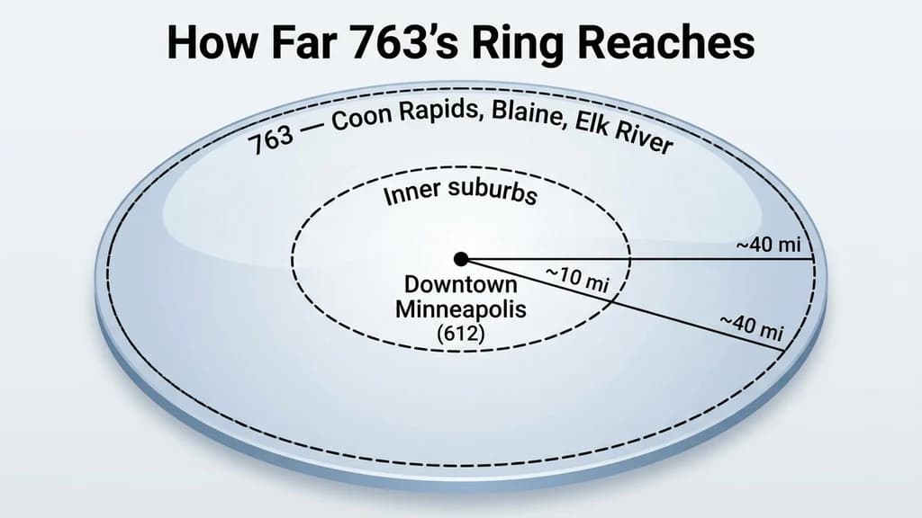 Concentric circle diagram showing downtown Minneapolis at the center, with inner-ring suburbs and the outer 763 suburban ring marked at increasing distances