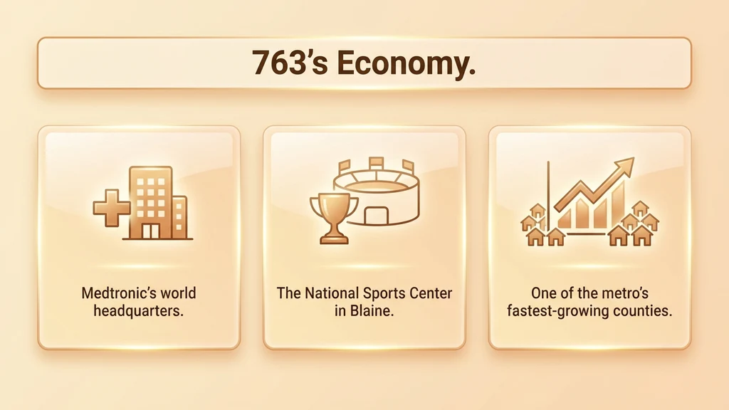 Editorial stat graphic titled 763's Economy, with rows for Medtronic's world headquarters, the National Sports Center, and Anoka County's population growth
