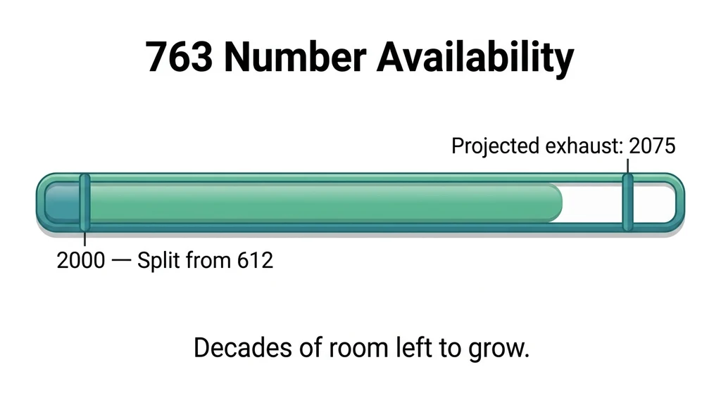 Forward-looking graphic titled 763 Number Availability, showing a timeline stretching out to a projected 2075 exhaustion date