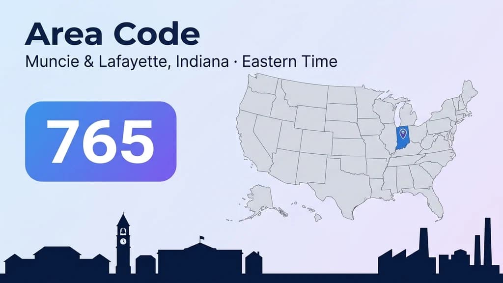 Map of the United States with Indiana highlighted and a pin over east-central Indiana, a bold 765 area code badge, and a factory-and-campus skyline silhouette
