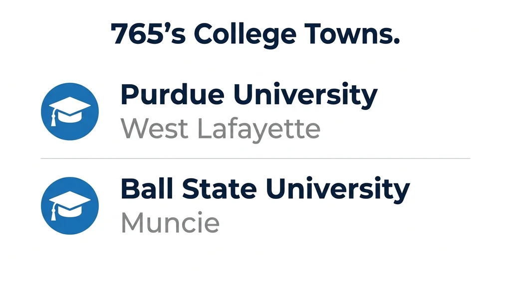 Editorial stat graphic titled 765's College Towns, with rows for Purdue University in West Lafayette and Ball State University in Muncie