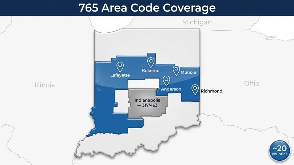 Map graphic of east-central Indiana with a horseshoe-shaped region highlighted around Indianapolis and pins over Muncie, Lafayette, and Kokomo