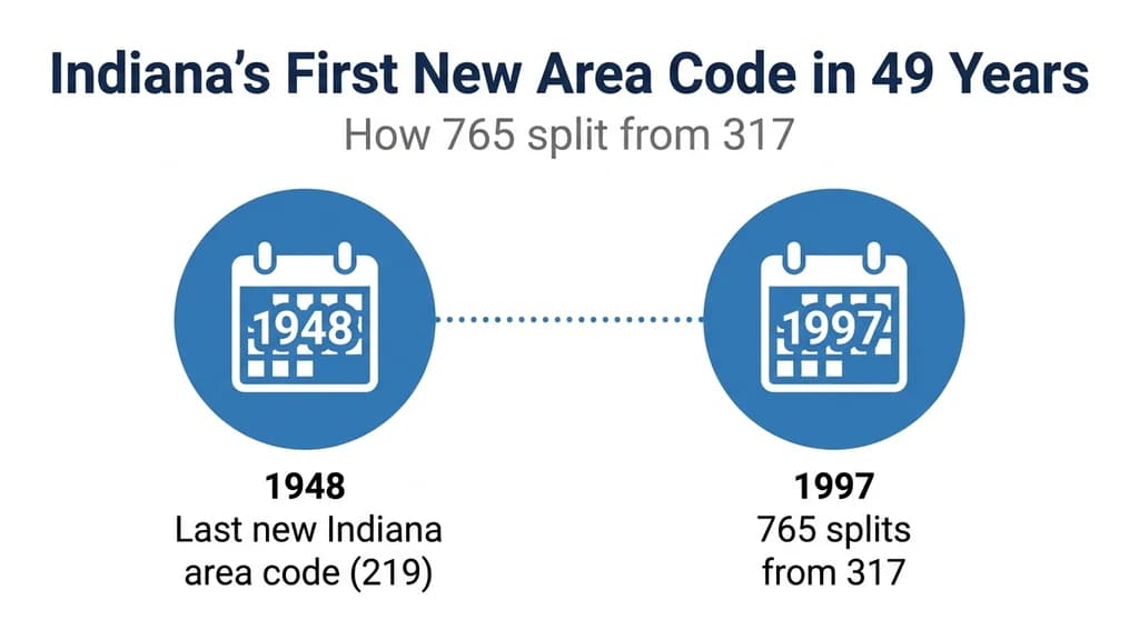 Timeline graphic showing area code 765 splitting from 317 in February 1997, Indiana's first new area code since 1948