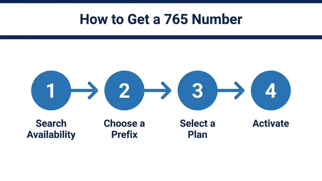 Step-by-step graphic showing four steps to get a 765 number: search availability, choose a prefix, select a plan, activate