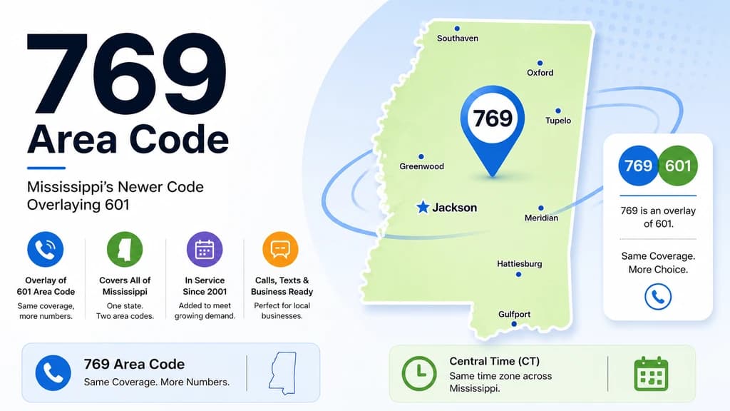 US map highlighting Mississippi, a pin on Jackson, an antebellum mansion silhouette, and a 769 badge in cyan and violet