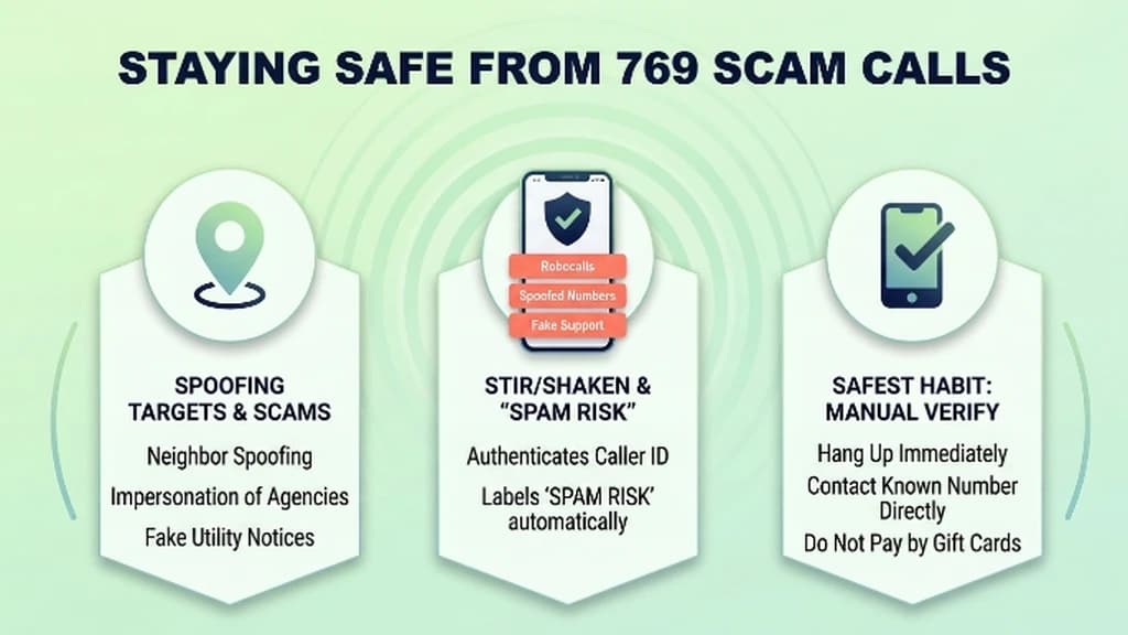 Phone showing a Spam Risk warning with coral cards for robocalls, spoofed numbers and fake support, plus a navy safety shield