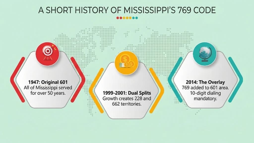 Timeline infographic tracing Mississippi's area code history from the original statewide 601 code, through the 228 and 662 splits, to the 769 overlay added in 2014, on a pale blue background with a ghosted Mississippi outline