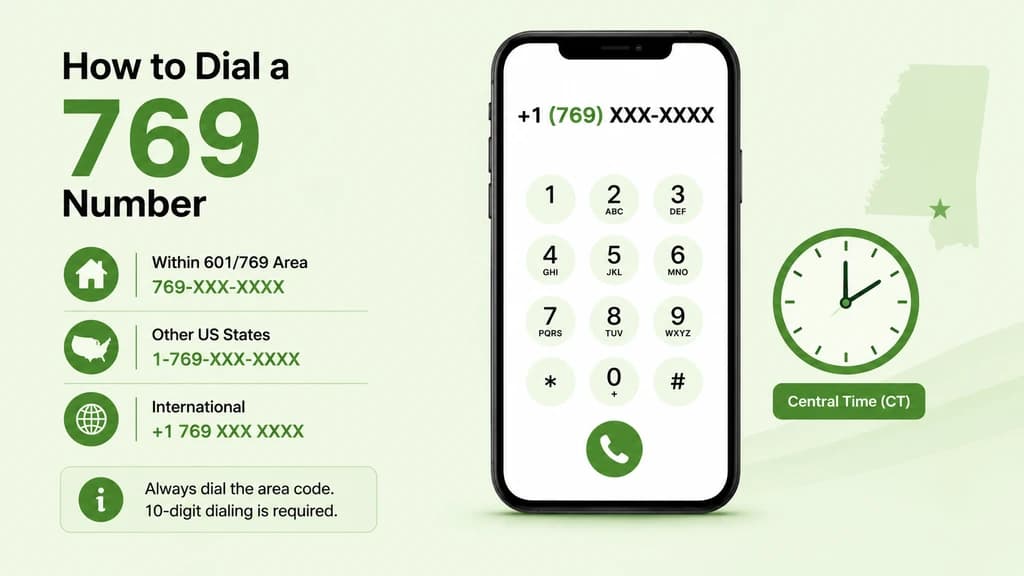 Smartphone dial pad showing +1 (769) XXX-XXXX beside a Central Time clock icon on a pale blue infographic