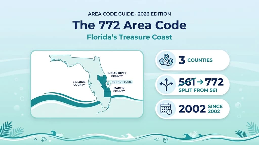 Coastal-themed banner with a Florida silhouette highlighting the Treasure Coast counties and stat pills for coverage, split history, and time zone
