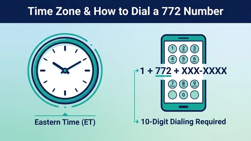 Icon graphic showing a clock labeled Eastern Time next to a phone dial-pad icon showing the ten-digit dialing pattern for a 772 number