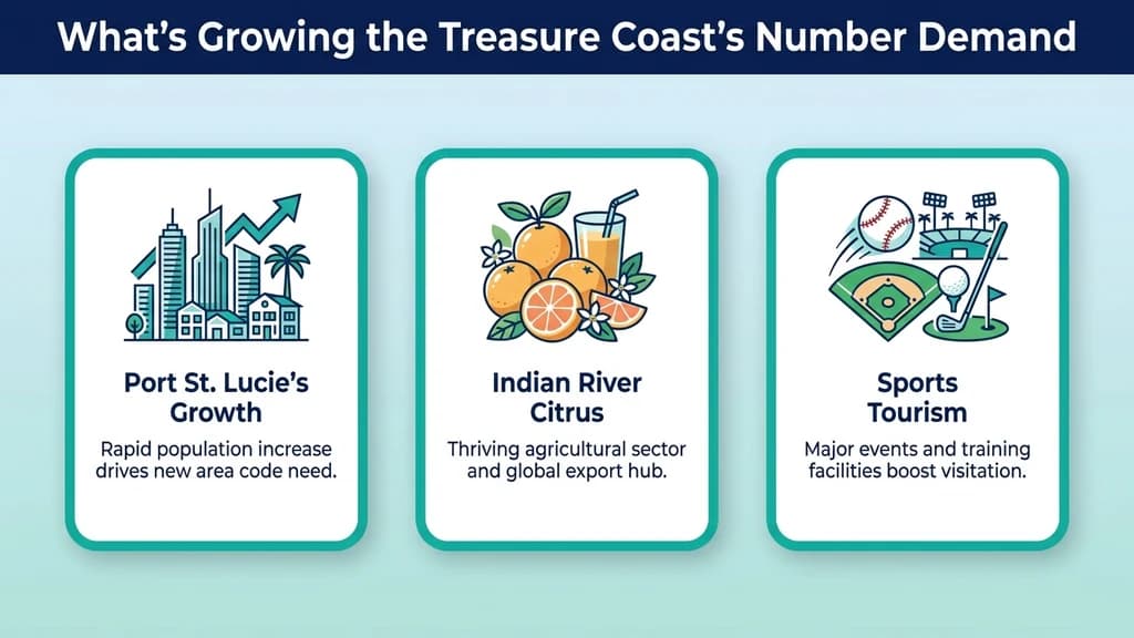 Editorial stat graphic titled What's Growing the Treasure Coast's Number Demand, with rows for Port St. Lucie's population growth, Indian River citrus, and sports tourism
