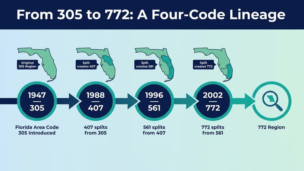 Timeline graphic titled From 305 to 772, showing four connected milestones tracing Florida's original area code splitting down to the Treasure Coast