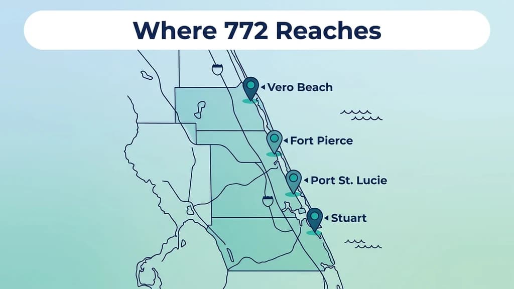 Coastal map graphic with Florida's Treasure Coast highlighted and pins for Port St. Lucie, Fort Pierce, Vero Beach, and Stuart