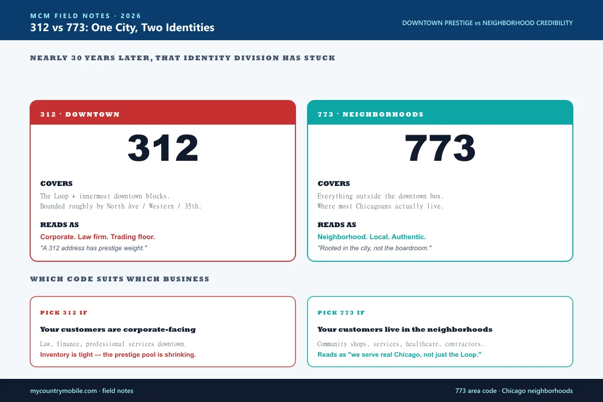 The unique 312 vs 773 identity story — 312 covers Chicago's downtown business district and signals corporate prestige, while 773 covers the residential neighborhoods and signals authentic local credibility