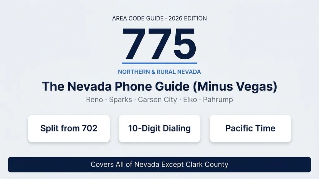 Light blue banner with a Nevada silhouette highlighting the 775 region outside Las Vegas and stat pills for cities, split history, and Pacific Time