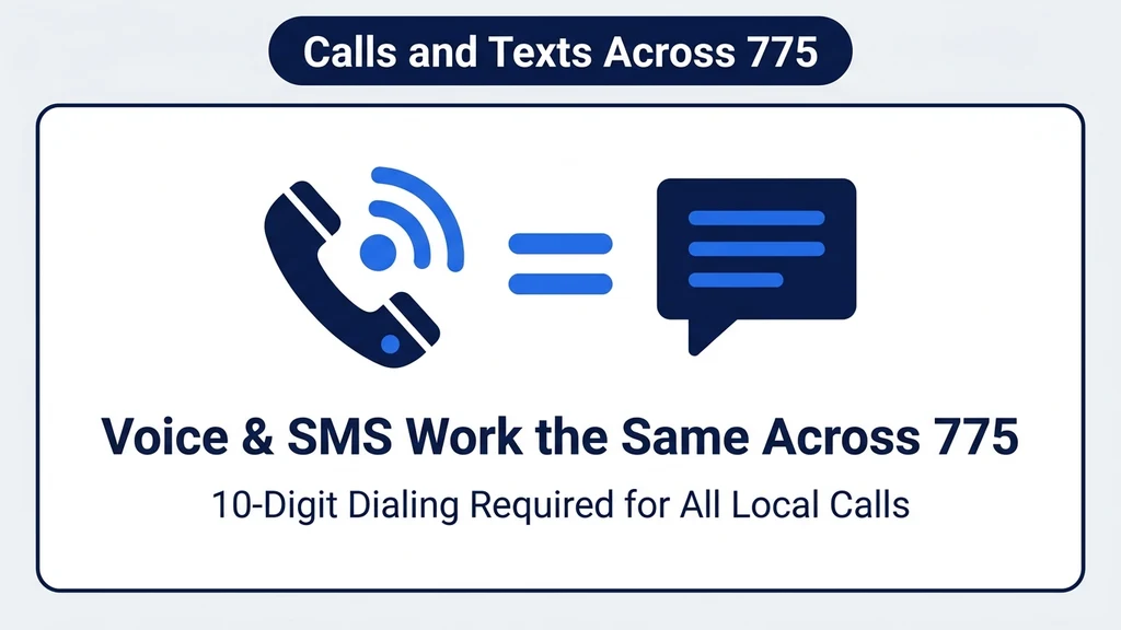 Icon graphic showing a phone icon and message bubble connected by an equals sign, with a note on ten-digit dialing across the 775 region