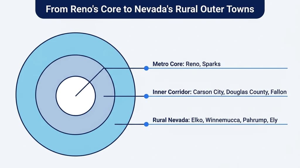 Concentric map graphic showing three rings around Reno: metro core, inner corridor, and rural outer towns across northern and rural Nevada