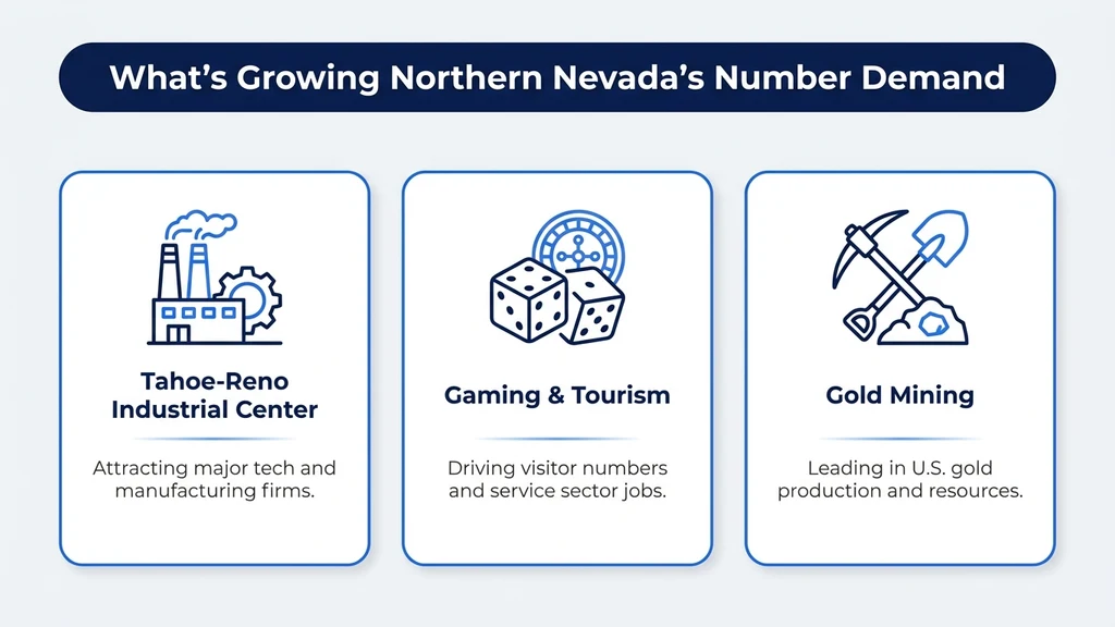Editorial stat graphic titled What's Growing Northern Nevada's Number Demand, with rows for the Tahoe-Reno Industrial Center, gaming and tourism, and gold mining