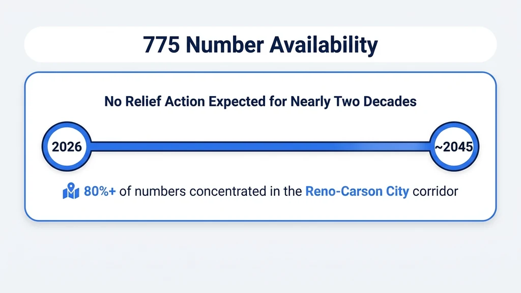 Gauge-style graphic showing a projection timeline from 2026 toward 2045, with a note that over 80 percent of 775 numbers are concentrated in the Reno-Carson City corridor