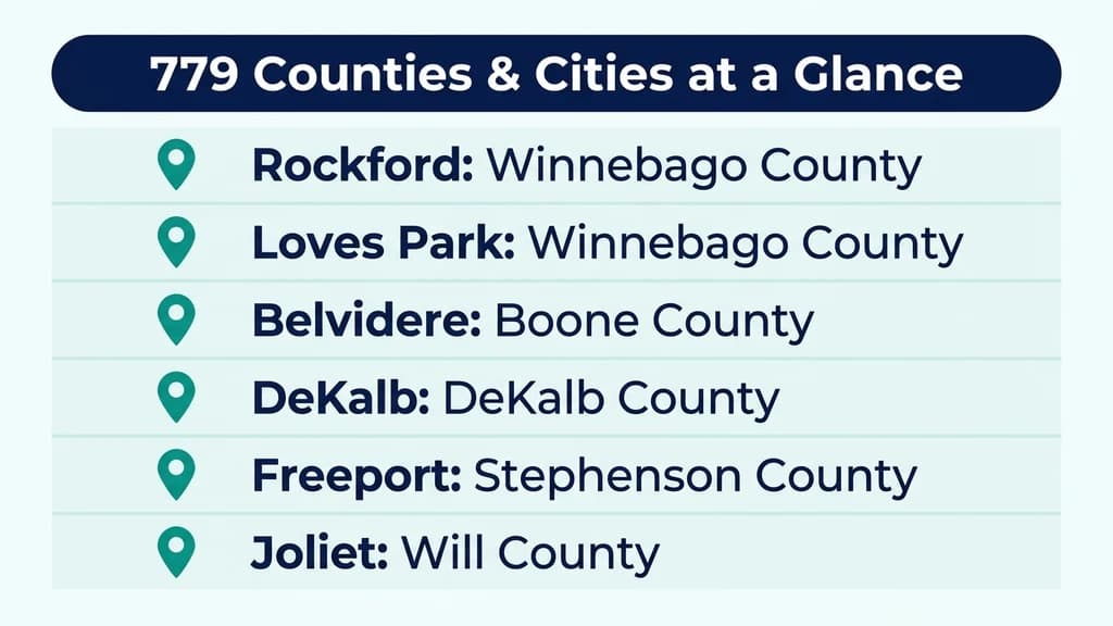 Table-style graphic listing Rockford, Joliet, DeKalb, Freeport, and Belvidere with their counties across the 779/815 overlay region