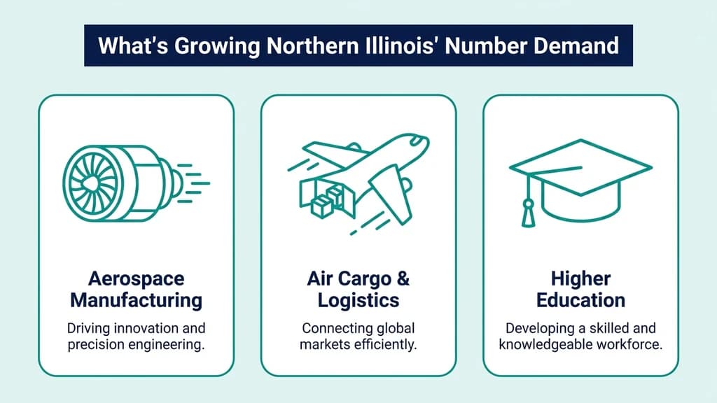 Editorial stat graphic titled What's Growing Northern Illinois' Number Demand, with rows for aerospace manufacturing, air cargo and logistics, and higher education