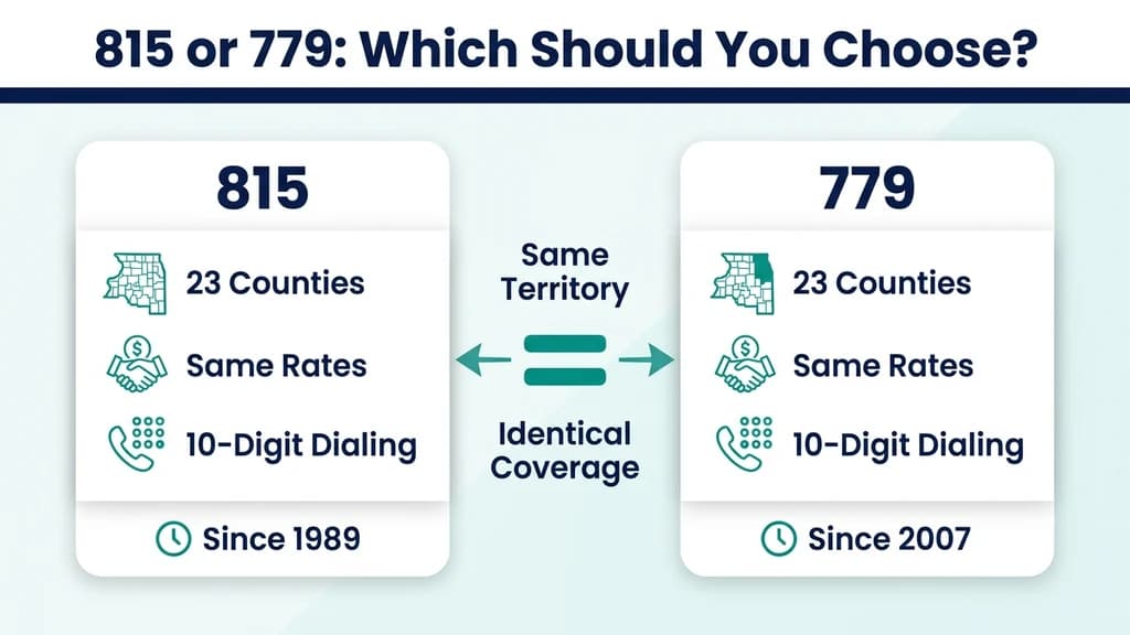 Side-by-side comparison graphic showing 815 and 779 cards with identical northern Illinois coverage, differing only in issue year