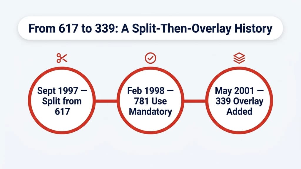 Timeline graphic showing three milestones: 1997 split from 617, 1998 mandatory 781 use, and 2001 339 overlay activated