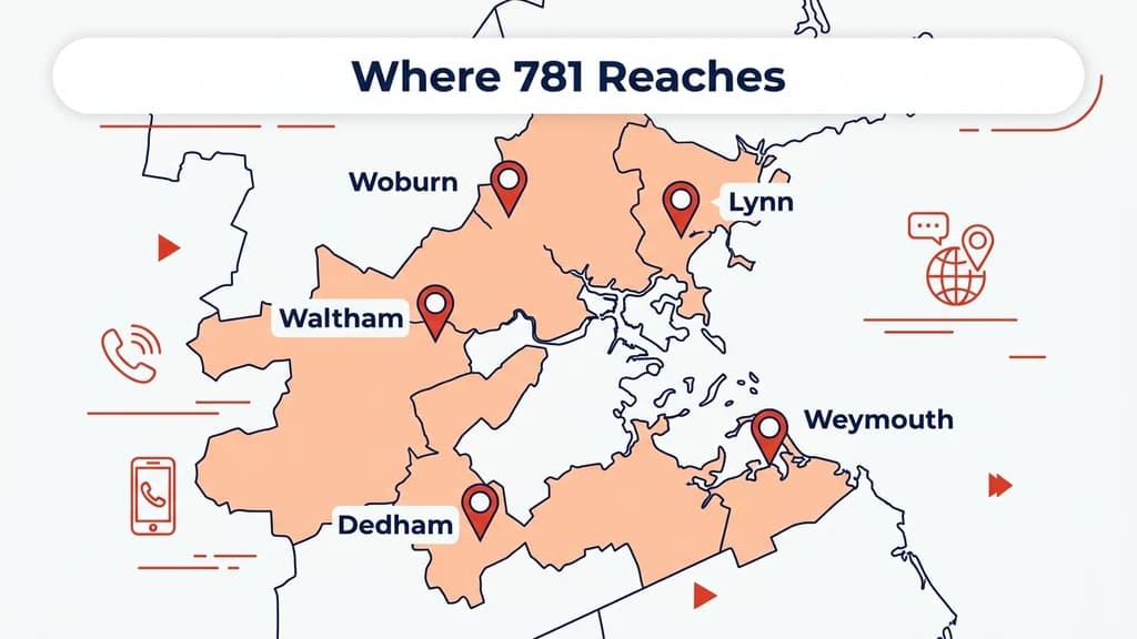 Map graphic showing Boston's Route 128 corridor highlighted with pins for Waltham, Woburn, Lynn, Weymouth, and Dedham