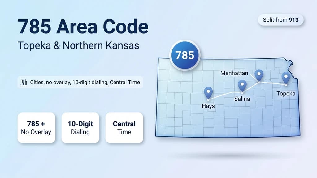 Light blue banner showing a Kansas silhouette with the northern 785 region highlighted and stat pills for cities, split history, and Central Time