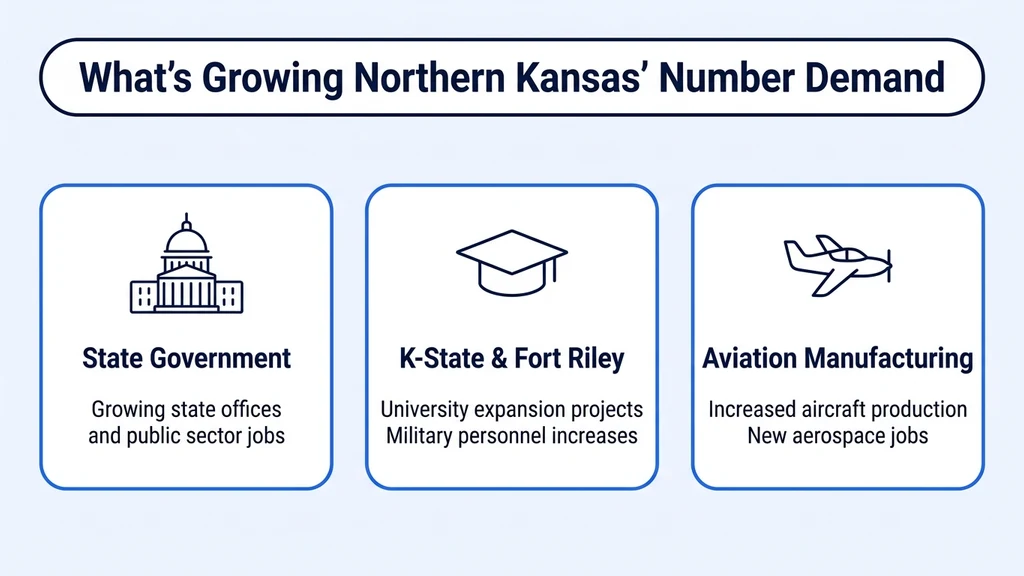 Editorial stat graphic titled What's Growing Northern Kansas' Number Demand, with rows for state government, Kansas State University, and aviation manufacturing