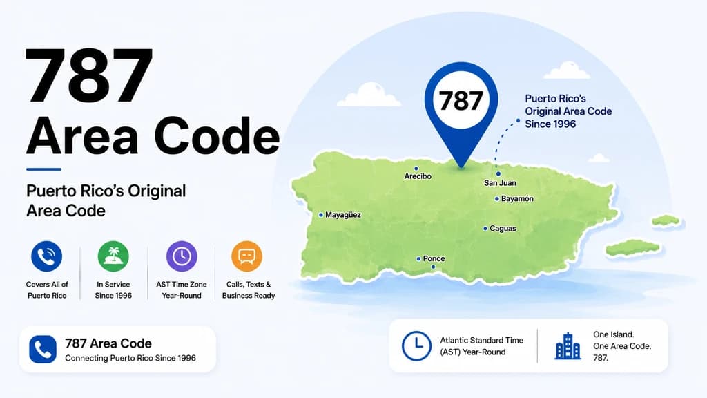 US map highlighting Puerto Rico, a pin on San Juan, a historic fortress silhouette, and a 787 badge in cyan and violet