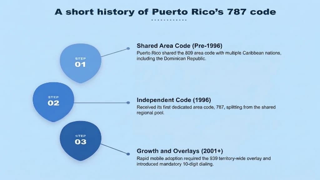 Timeline infographic tracing Puerto Rico's area code history from the shared 809 Caribbean code, through the dedicated 787 code in 1996, to the 939 overlay added in 2001, on a pale blue background with a ghosted Puerto Rico outline