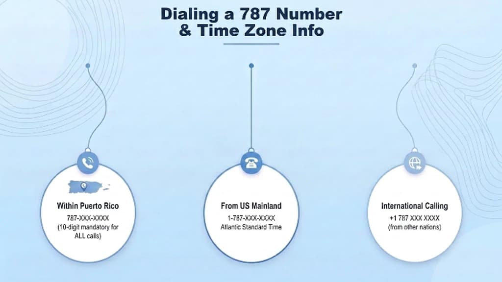 Smartphone dial pad showing +1 (787) XXX-XXXX beside an Atlantic Time clock icon on a pale blue infographic