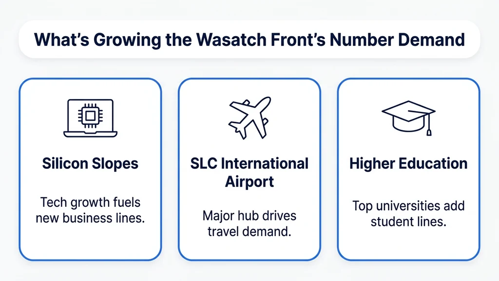 Editorial stat graphic titled What's Growing the Wasatch Front's Number Demand, with rows for the Silicon Slopes tech corridor, Salt Lake City International Airport, and higher education