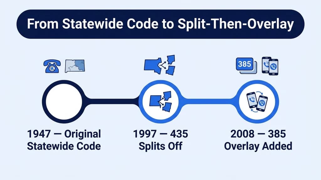 Timeline graphic showing three milestones: 1947 original statewide code, 1997 split creating 435, and 2008 385 overlay activated