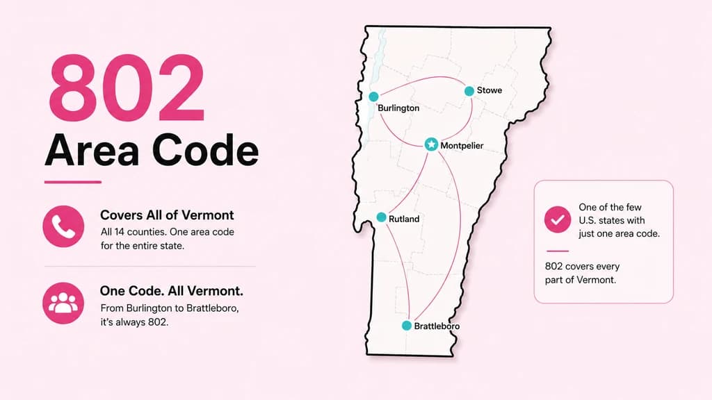 US map highlighting Vermont, a pin on Burlington, a covered bridge silhouette, and a 802 badge in cyan and violet