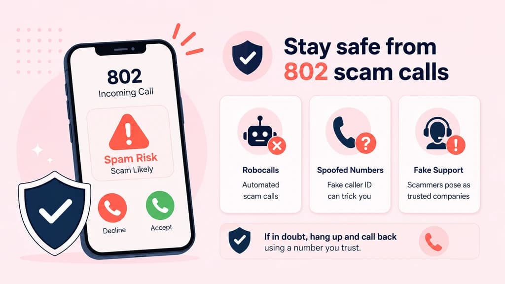 Phone showing a Spam Risk warning with coral cards for robocalls, spoofed numbers and fake support, plus a navy safety shield
