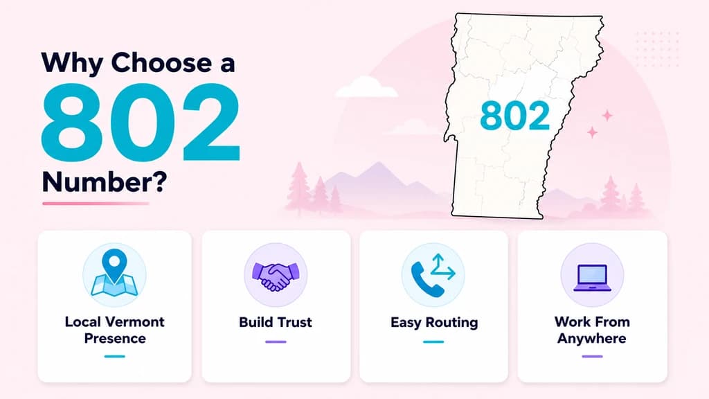 Four white benefit cards with cyan and violet icons reading local Vermont presence, build trust, easy routing and work from anywhere