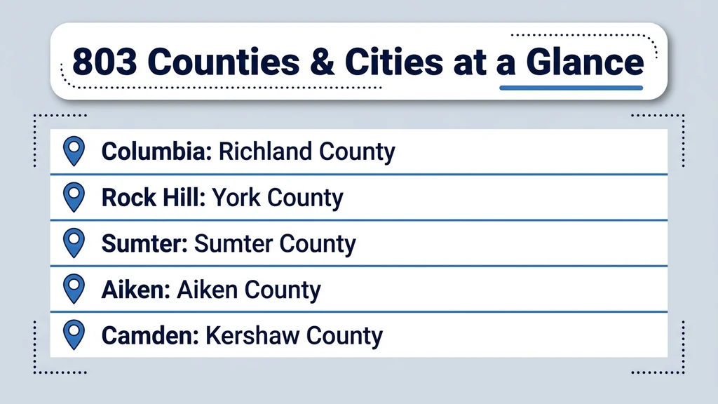 Table-style graphic listing Columbia, Rock Hill, Sumter, and Aiken with their counties across South Carolina's Midlands