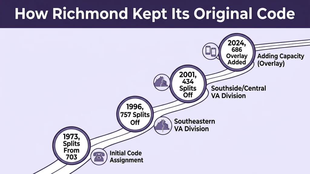 Timeline graphic showing four milestones: 1973 split from 703, 1996 split creating 757, 2001 split creating 434, and 2024 686 overlay activated