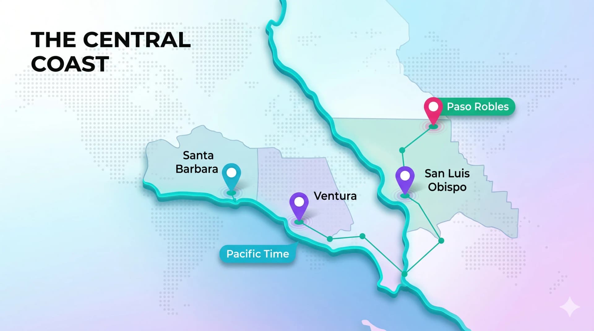 Map of California's Central Coast showing the 805 region across Santa Barbara, Ventura, and San Luis Obispo counties in the Pacific Time Zone