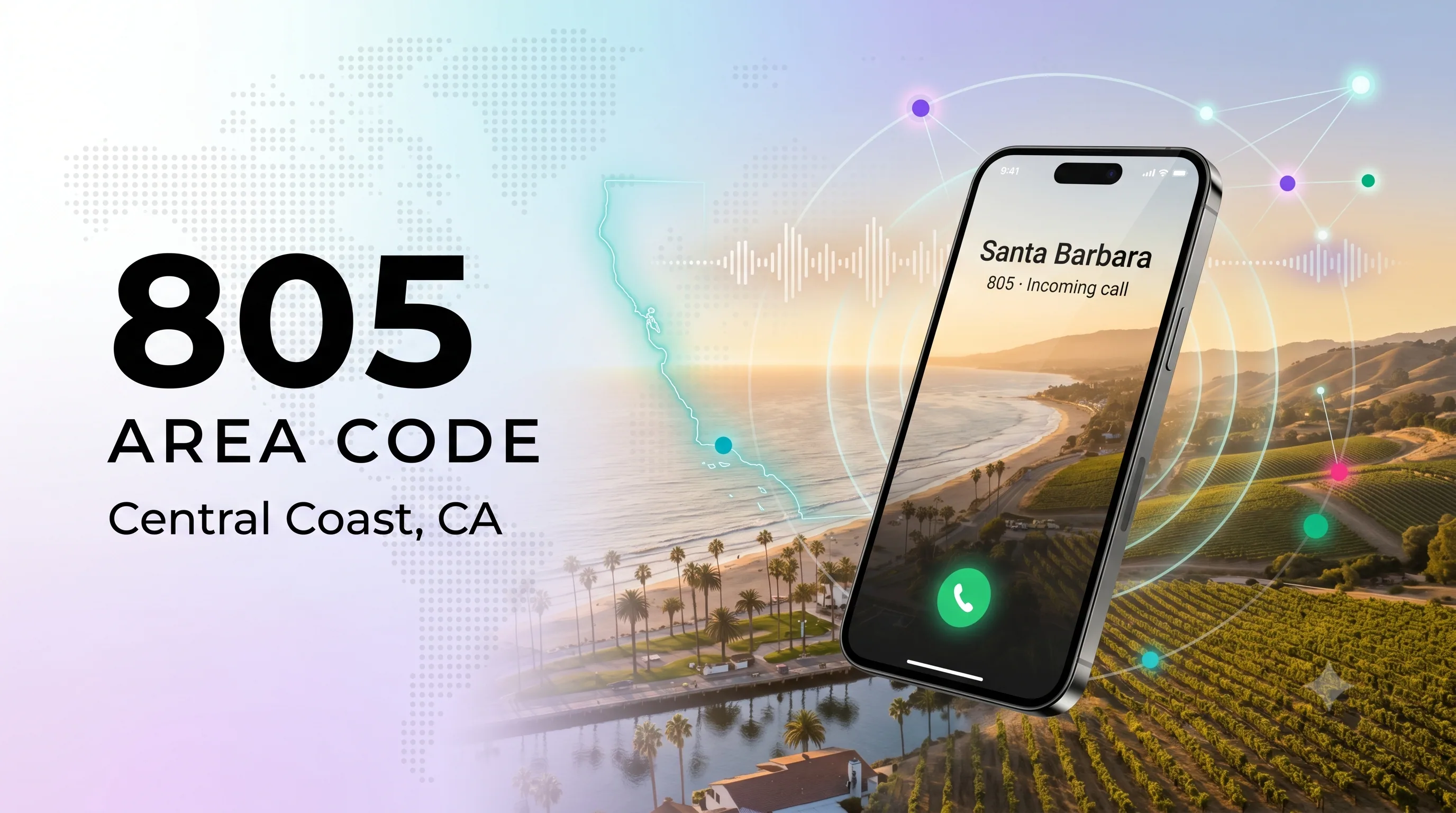 805 area code hero graphic for California's Central Coast with a smartphone showing an incoming Santa Barbara call