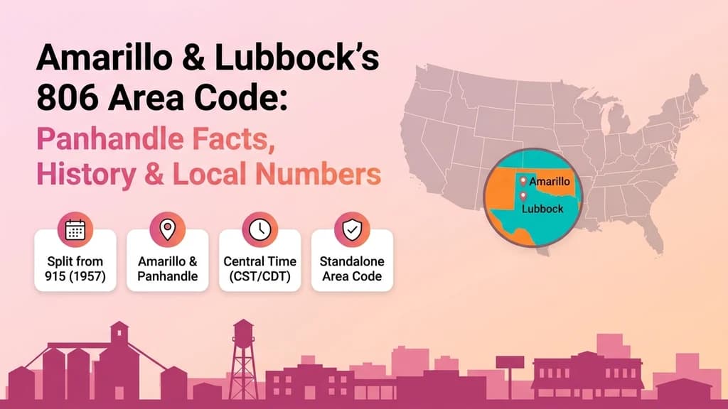 Pink and orange banner showing a zoomed US map circle over the Texas Panhandle with pins for Amarillo and Lubbock, and icon callouts for split year, time zone, and standalone status