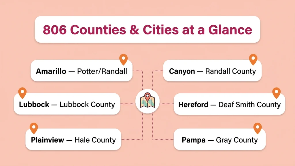 Table-style graphic listing Amarillo, Lubbock, Plainview, and Canyon with their counties across the Texas Panhandle