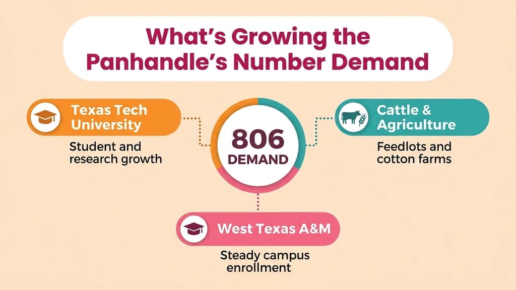 Editorial stat graphic titled What's Growing the Panhandle's Number Demand, with rows for Texas Tech University, cattle and agriculture, and West Texas A&M