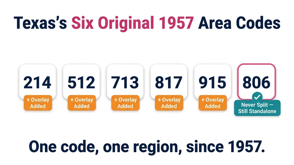 Badge-style graphic comparing Texas's six original 1957 area codes, with 806 marked as the only one that never received an overlay